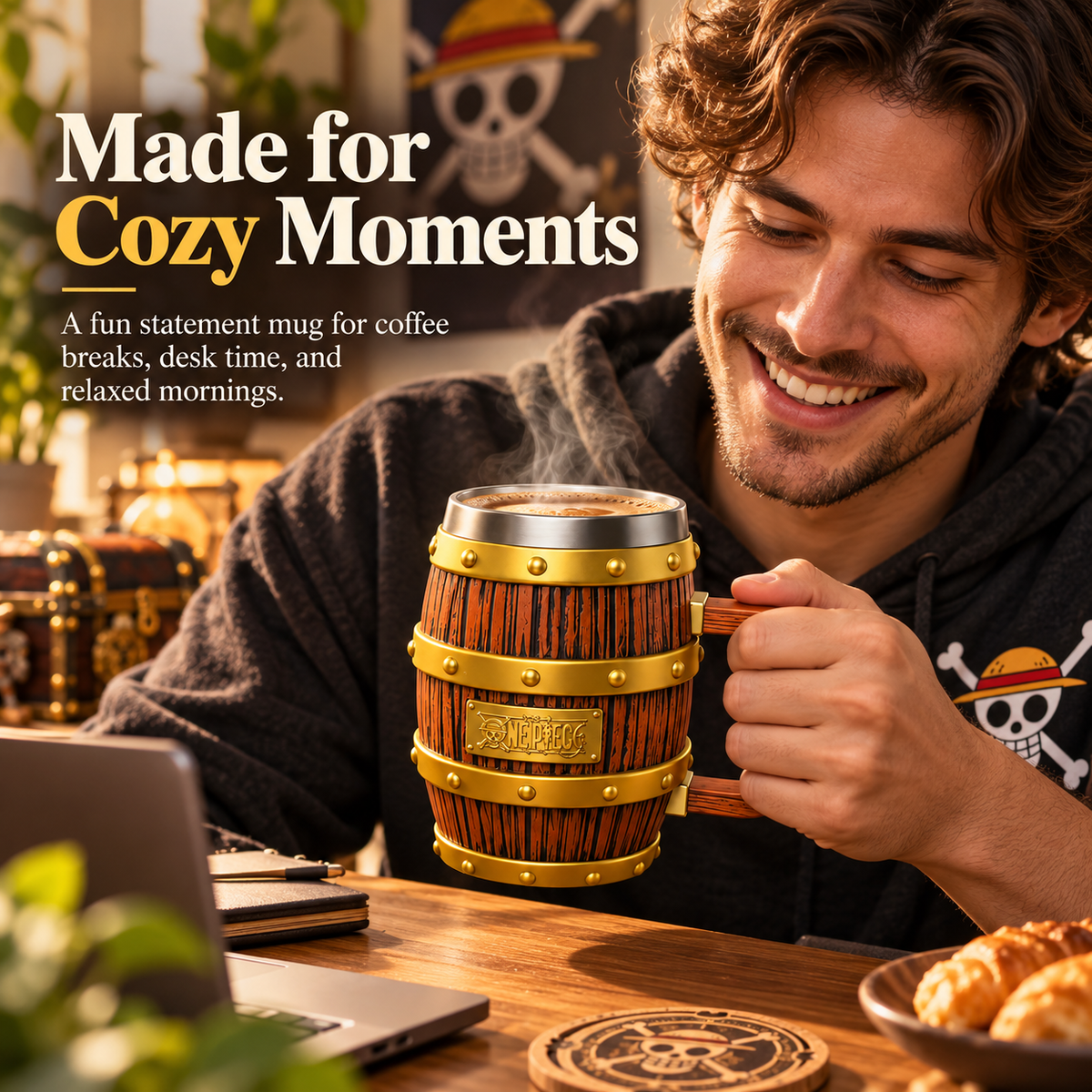 Pirate barrel mug being used during a relaxed coffee break