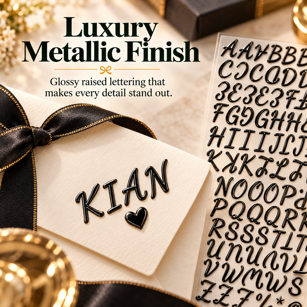 🎁✨ 3D Metallic Alphabet Stickers – Raised Letter, Number & Symbol Decals for Personalized Gifts, Cards & DIY Crafts 💖🎄 | 5 Colors