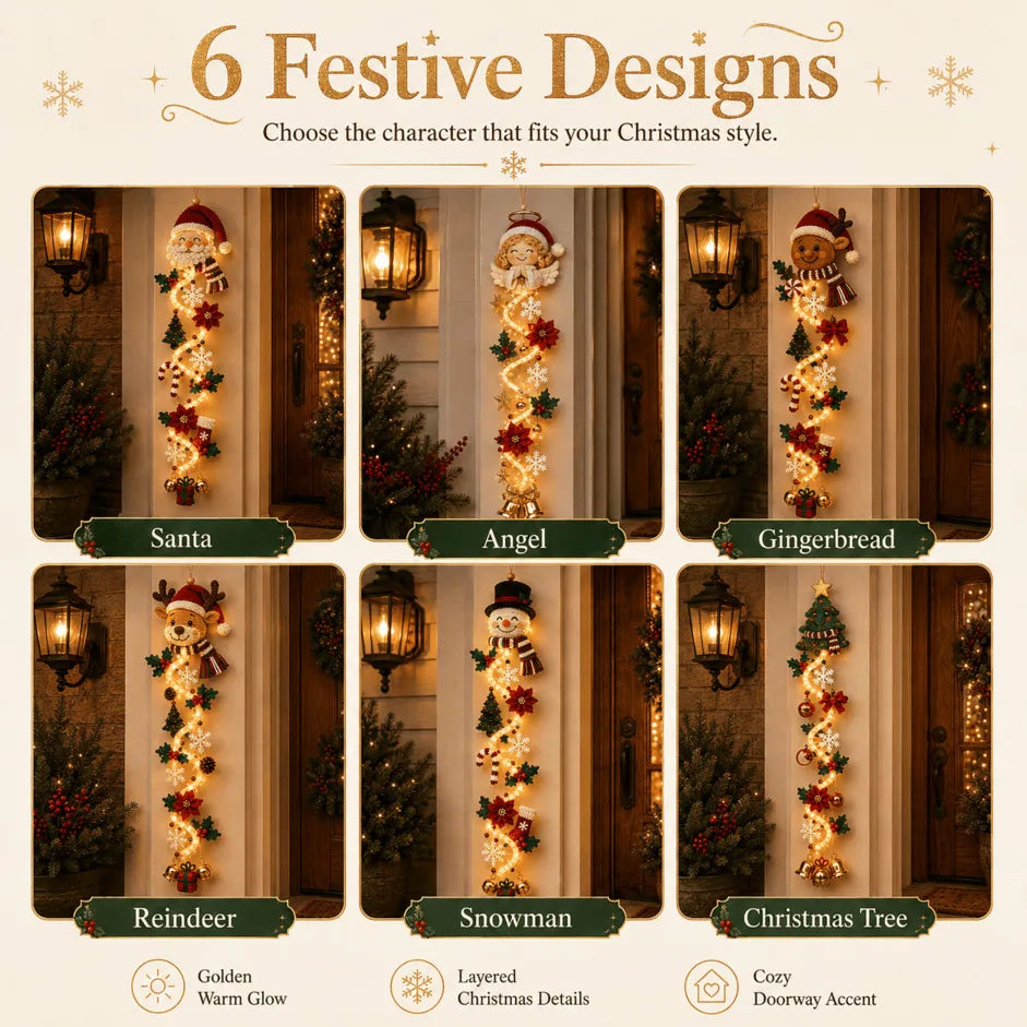 🎄MerryCascade™ Glowing Christmas Door Hanger | 6 Festive Lighted Designs with Warm Glow, Dimensional Details & Space-Saving Vertical Décor