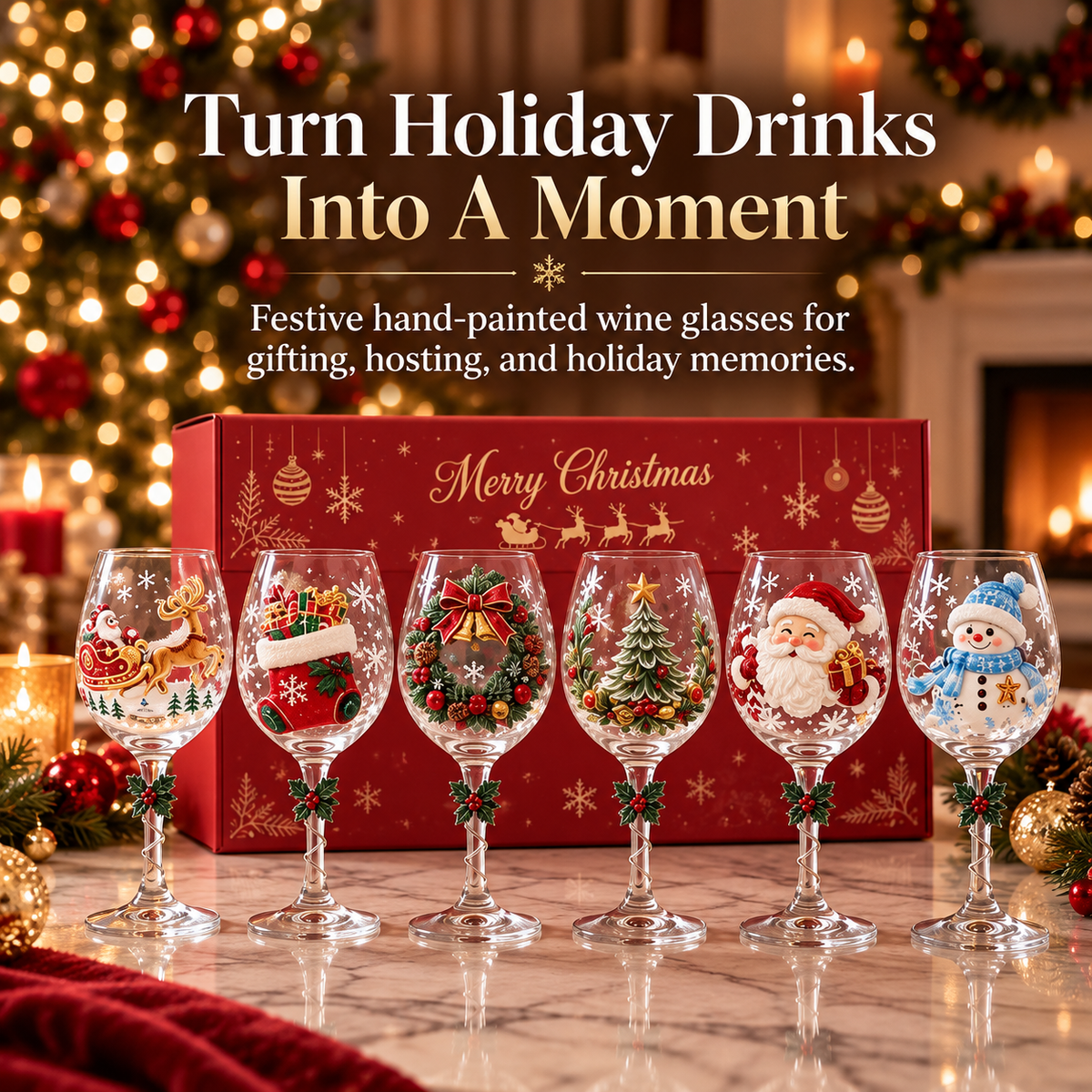 🎄🍷✨ 6-Piece Christmas Wine Glass Set 🎅❄️🎁 Festive Holiday Designs, Decorative Twisted Stems & Elegant Gift Box ❤️🥂🌟