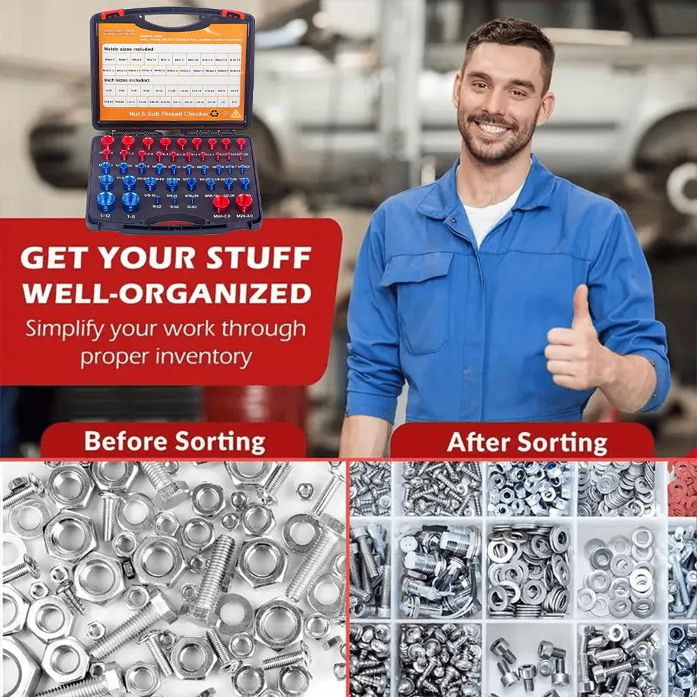Mechanic organizing mixed nuts and bolts after identifying threads
