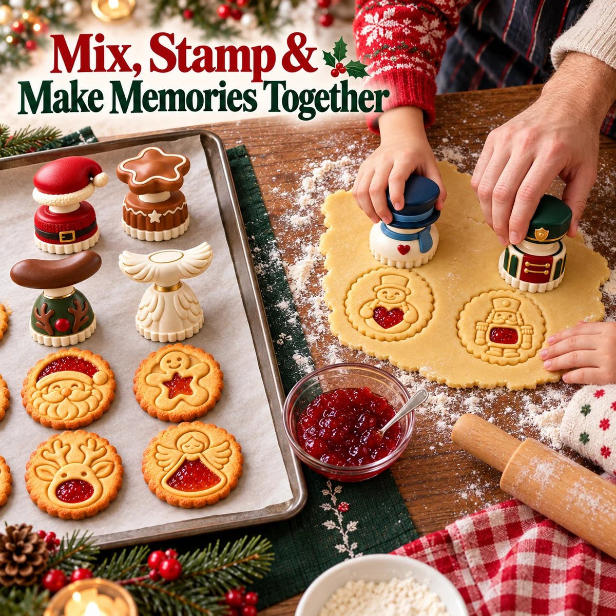 🎄🍪 Christmas Jam Cookie Press – Festive Character Cookie Stamps with Embossed Designs & Jam-Fill Centers | Holiday Baking Fun 🎅❤️