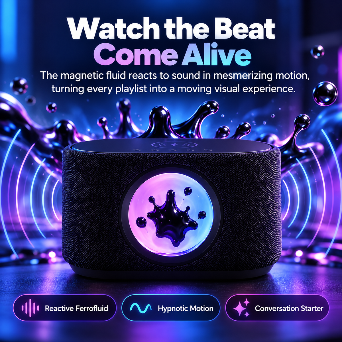 🎵✨ 30W Magnetic Fluid Bluetooth Speaker | Sound-Reactive Ferrofluid Display, RGB Lights & Wireless Charging 🔊⚡