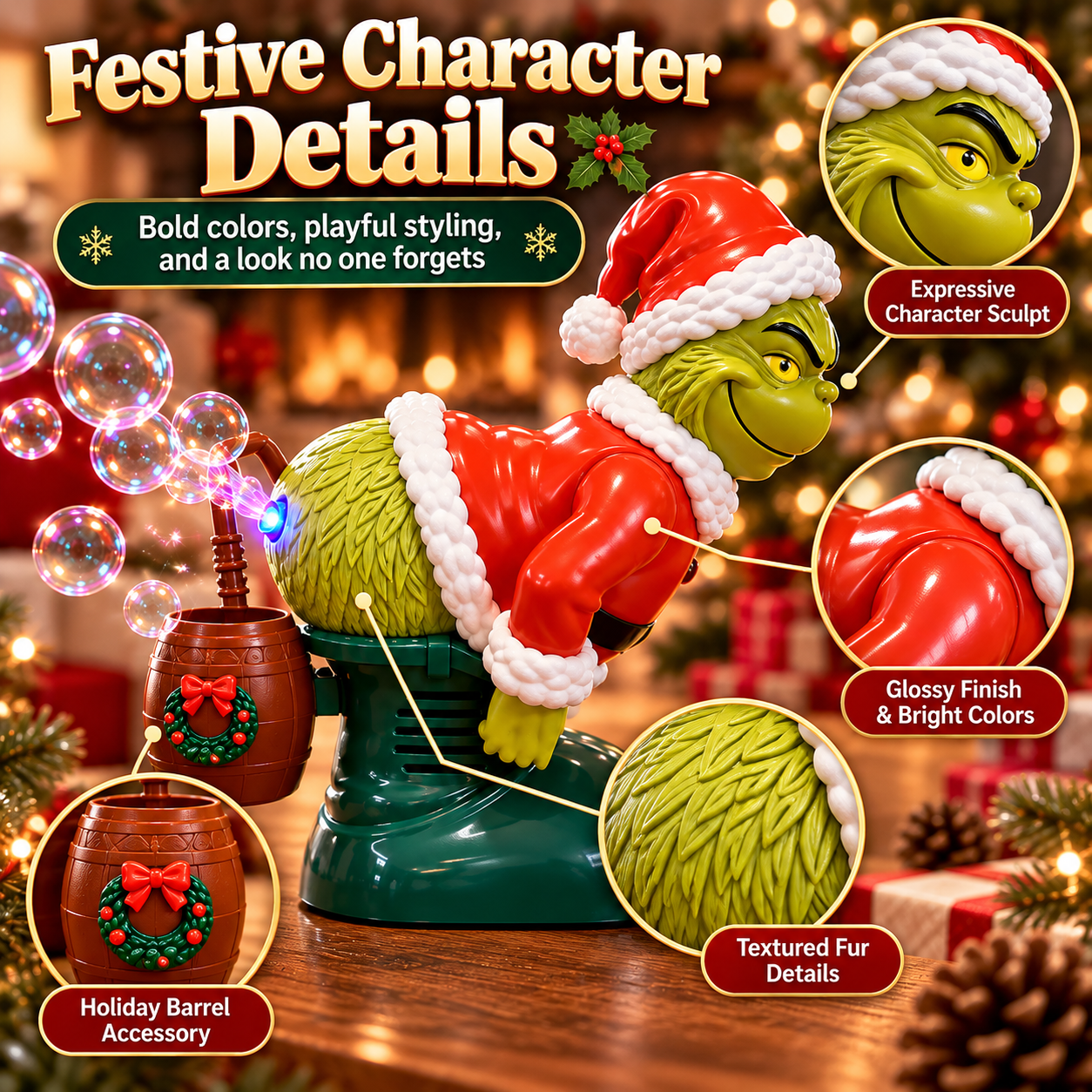 Close-up product details of funny green Christmas bubble machine showing mischievous face Santa outfit textured green fur and holiday barrel