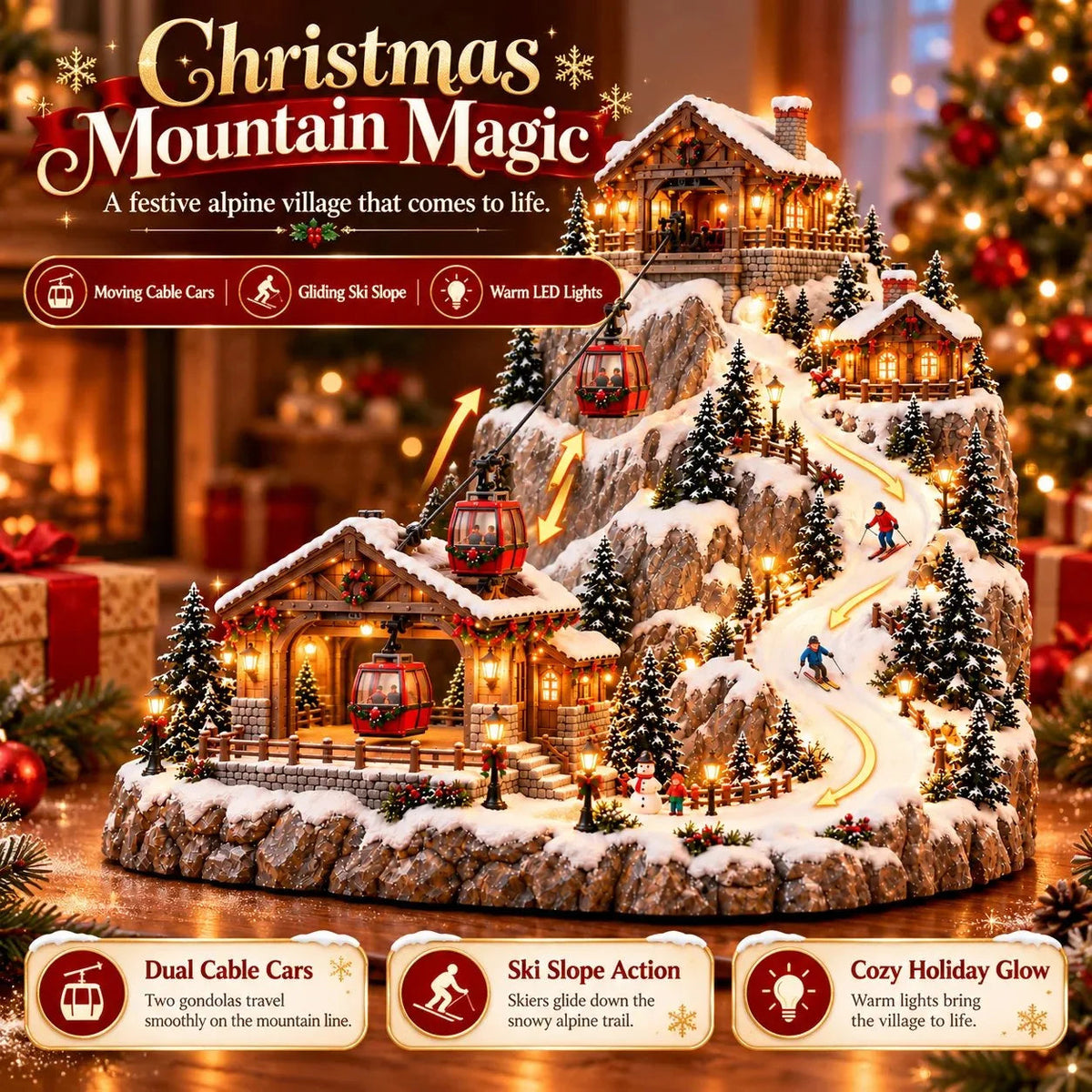 🚡Animated Christmas Mountain Cable Car & Ski Village Scene ✨