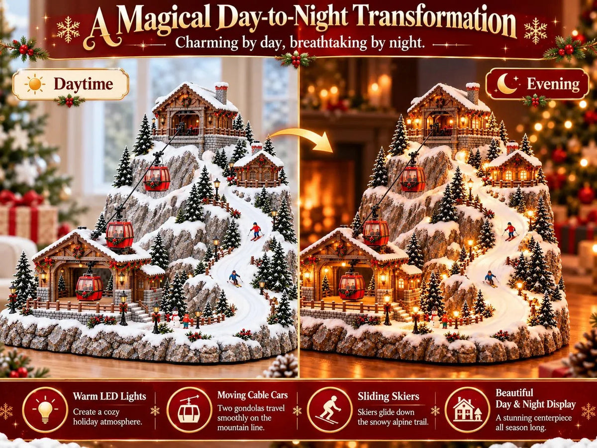 🚡Animated Christmas Mountain Cable Car & Ski Village Scene ✨