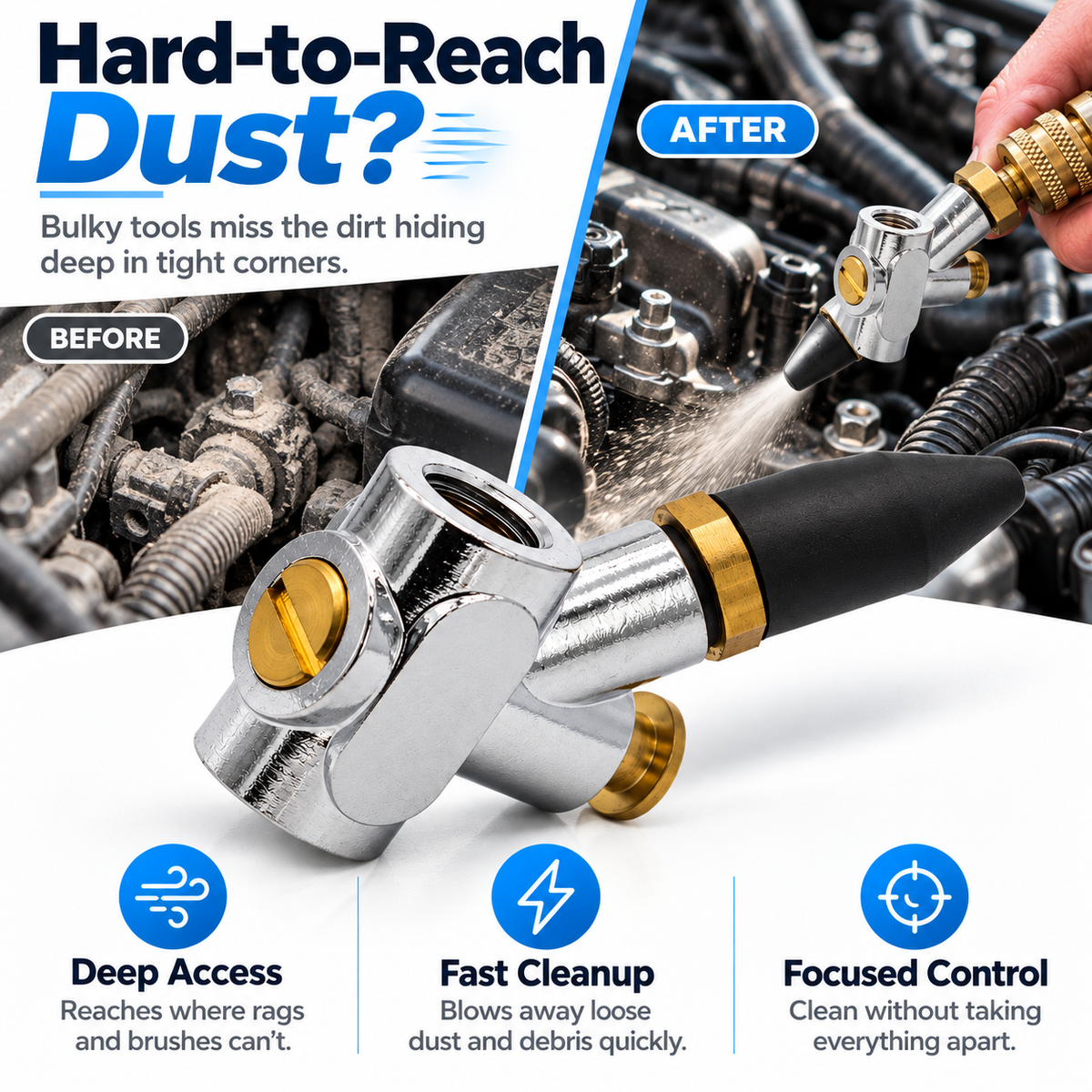 Before and after illustration of cleaning dust from tight engine bay spaces with a precision air nozzle