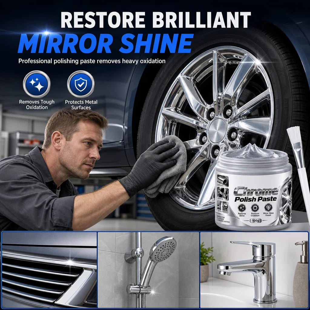 ✨🚗 Buy 1 Get 1 FREE! Metal Chrome Polish & Restorer Paste with Detailing Brush – 2 × 100g, Removes Oxidation & Restores Brilliant Mirror Shine for Wheels, Chrome Trim & Metal Fixtures