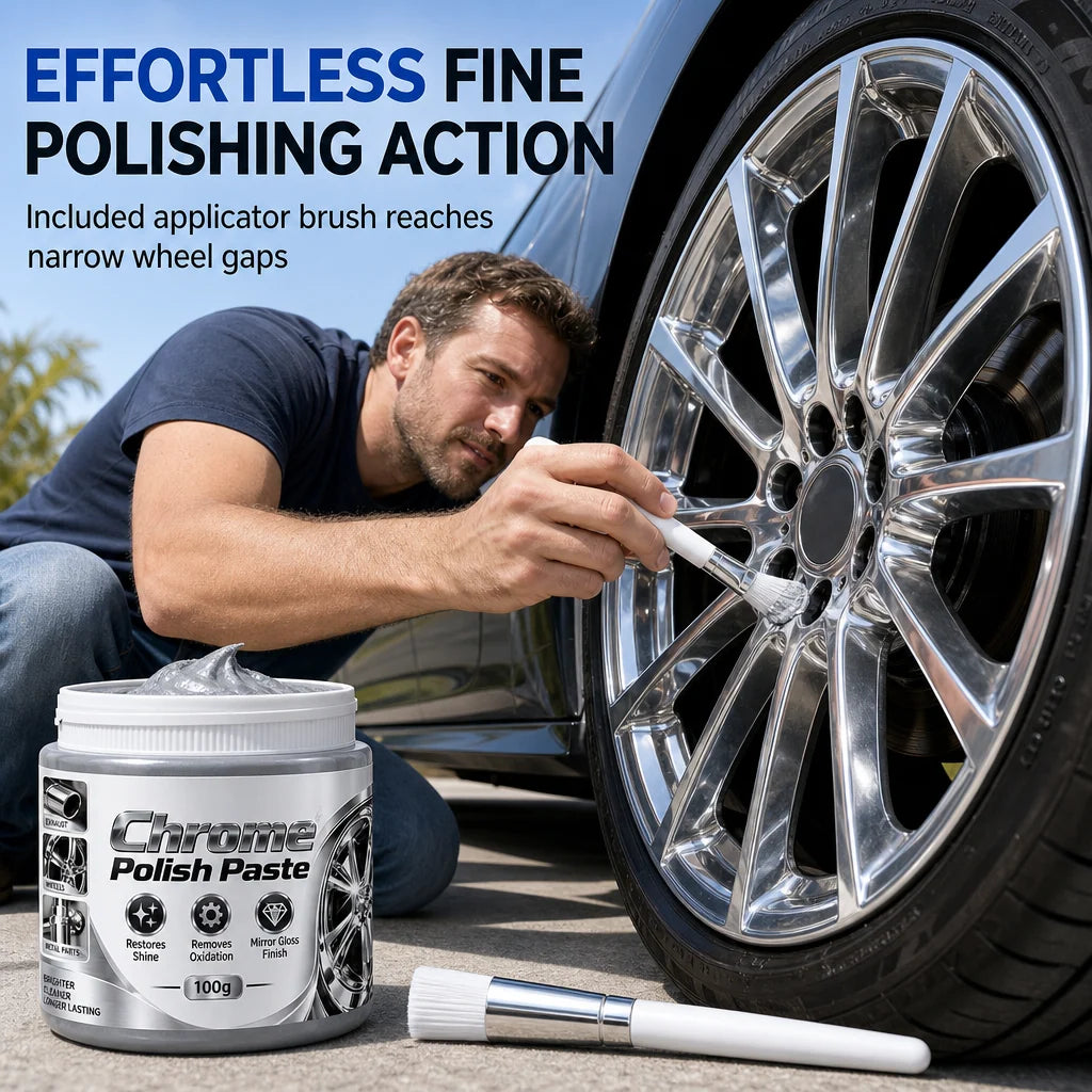 ✨🚗 Buy 1 Get 1 FREE! Metal Chrome Polish & Restorer Paste with Detailing Brush – 2 × 100g, Removes Oxidation & Restores Brilliant Mirror Shine for Wheels, Chrome Trim & Metal Fixtures