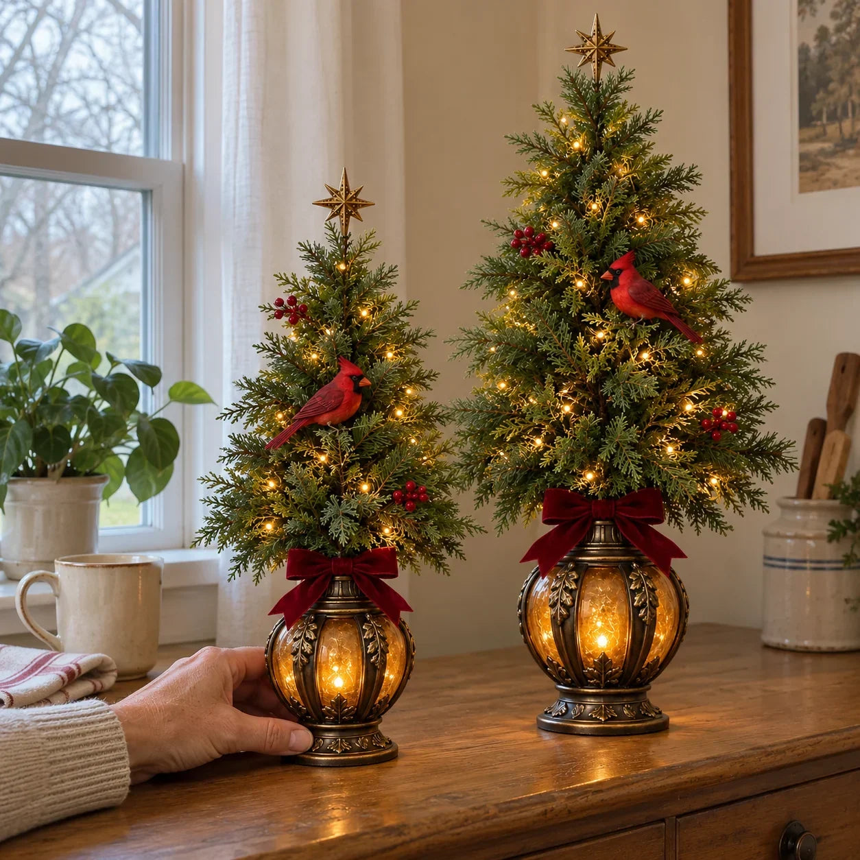 Hand positioning a lighted cardinal lantern Christmas tree on a wooden console beside a second tree, showing a cozy home styling arrangement