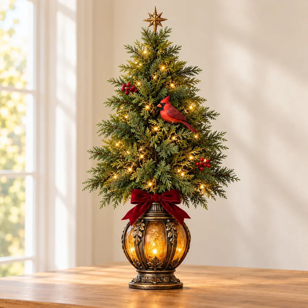 🎄✨ Cardinal Lantern Christmas Trees – Lighted Vintage Lantern Base, Warm LED Glow, Red Cardinal Birds & Burgundy Bows for Festive Home Decor 🕯️❤️