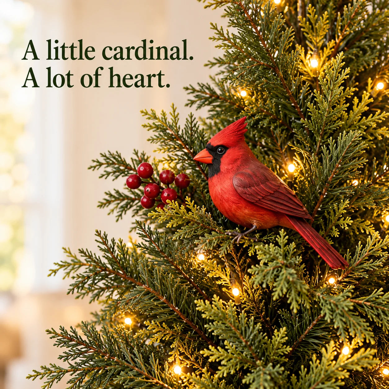 Detailed red cardinal ornament nestled among evergreen branches, warm fairy lights and red berry accents