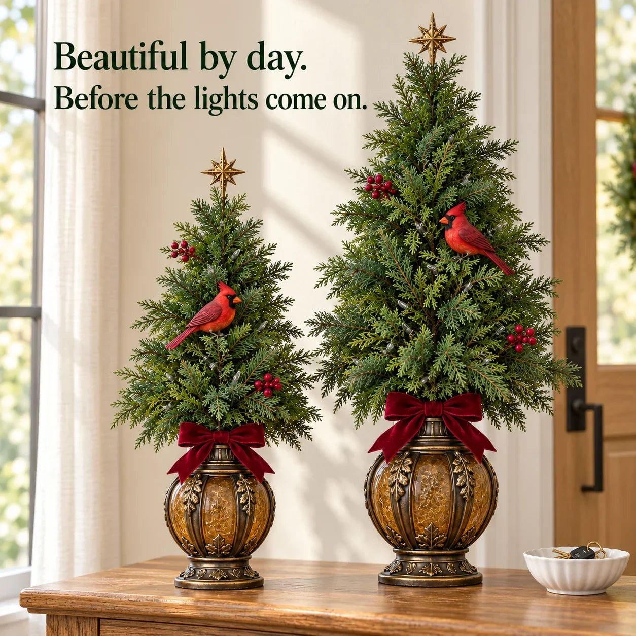 Cardinal lantern Christmas trees displayed in daylight with evergreen branches, red cardinals, berry accents, burgundy bows and vintage lantern bases