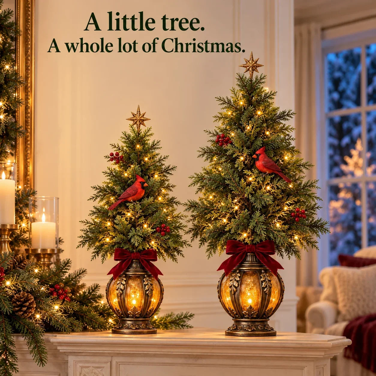 Pair of lighted cardinal lantern Christmas trees on a console with candles, evergreen accents and warm holiday decor