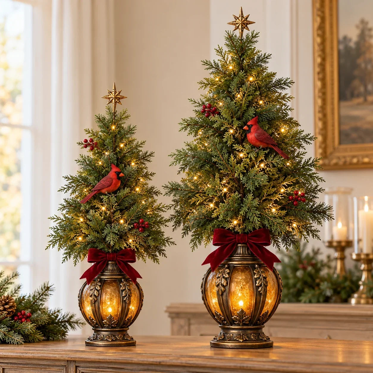 Small and large cardinal lantern Christmas trees displayed together on a console table with warm lights and burgundy bows