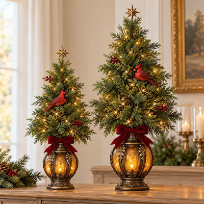 🎄✨ Cardinal Lantern Christmas Trees – Lighted Vintage Lantern Base, Warm LED Glow, Red Cardinal Birds & Burgundy Bows for Festive Home Decor 🕯️❤️