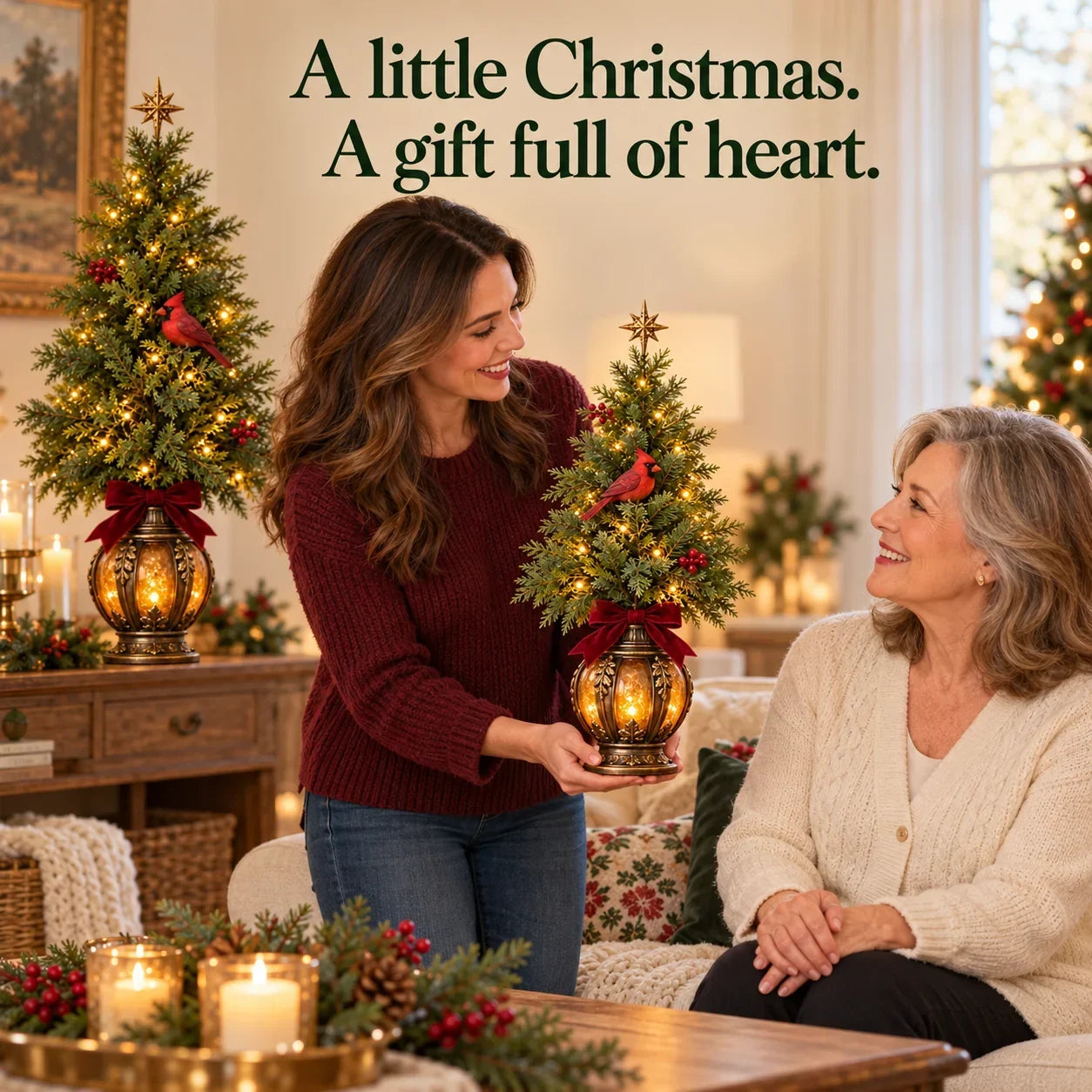 Woman presenting an illuminated cardinal lantern Christmas tree to an older woman in a cozy holiday living room