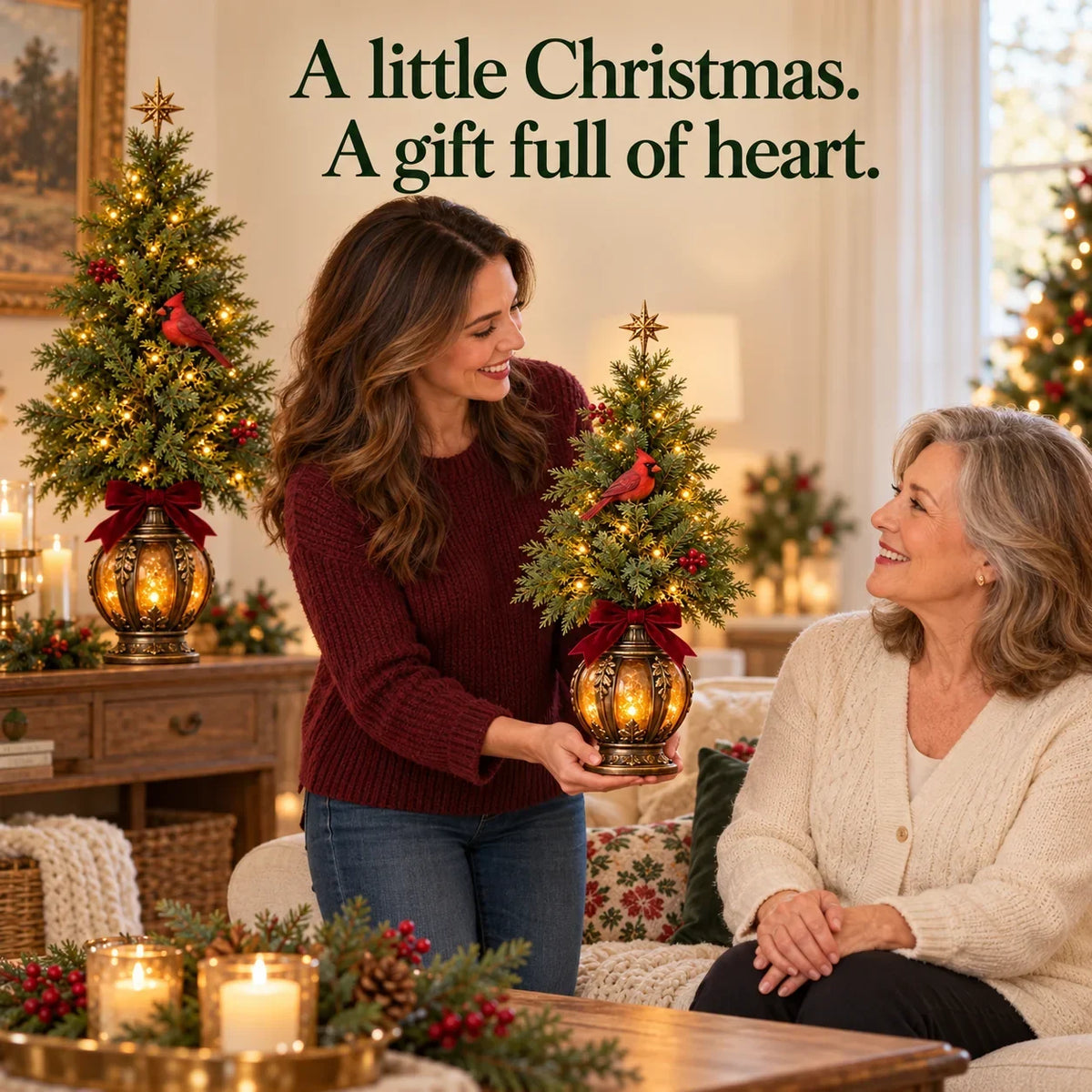 🎄✨ Cardinal Lantern Christmas Trees – Lighted Vintage Lantern Base, Warm LED Glow, Red Cardinal Birds & Burgundy Bows for Festive Home Decor 🕯️❤️