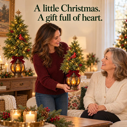 🎄✨ Cardinal Lantern Christmas Trees – Lighted Vintage Lantern Base, Warm LED Glow, Red Cardinal Birds & Burgundy Bows for Festive Home Decor 🕯️❤️