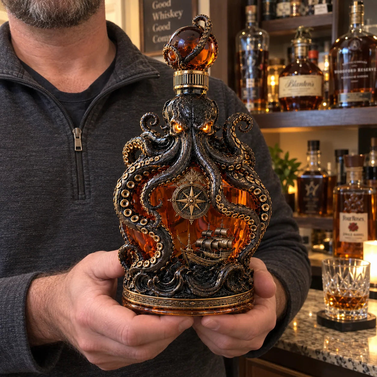 🔥LAST DAY 49% OFF -🐙kraken Voyage Octopus Whiskey Decanter | Gothic Nautical Bar Centerpiece