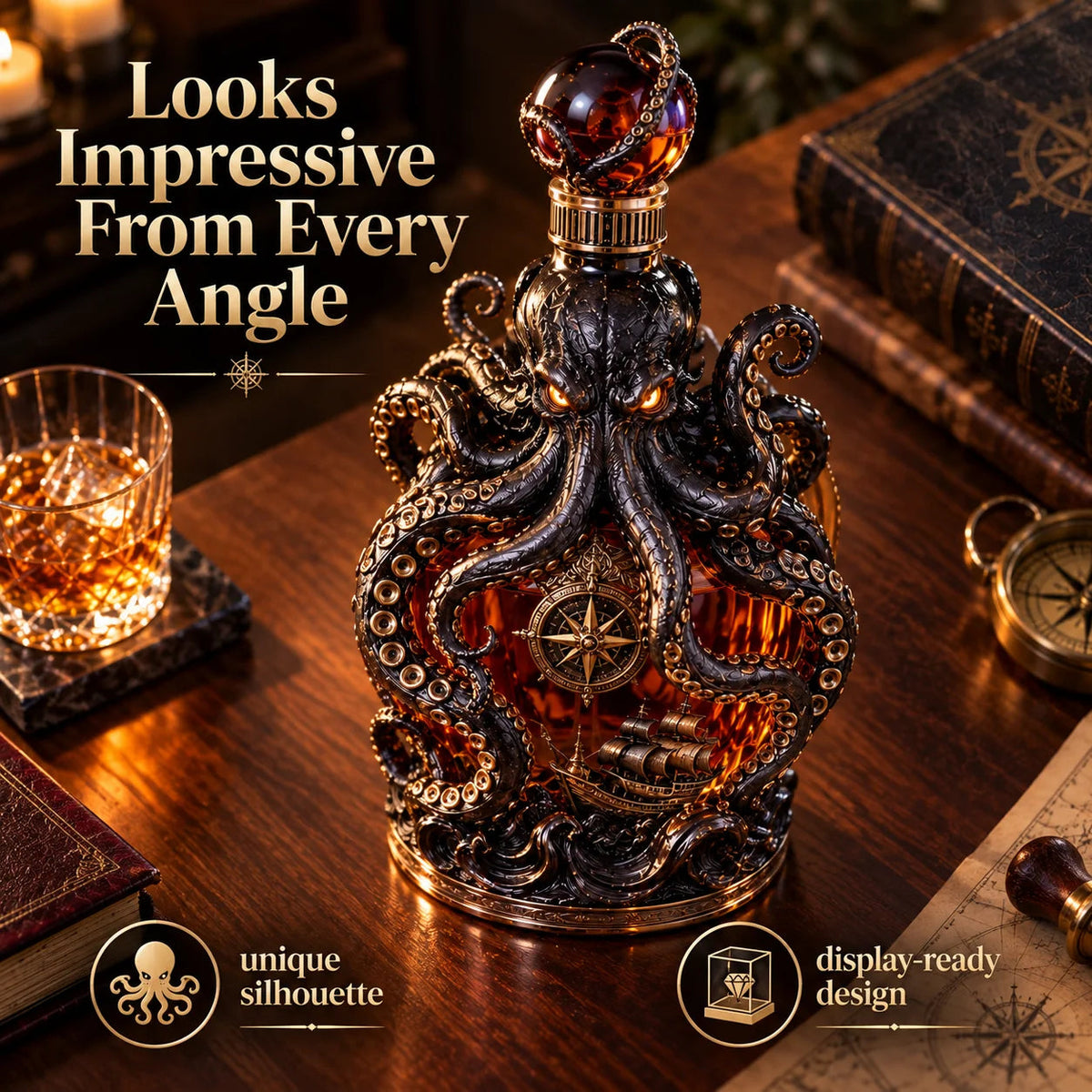 🔥LAST DAY 49% OFF -🐙kraken Voyage Octopus Whiskey Decanter | Gothic Nautical Bar Centerpiece