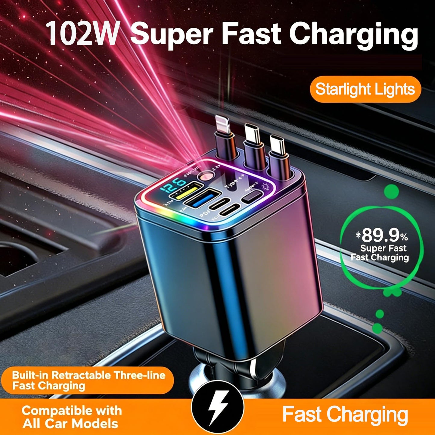 7-in-1 Retractable 102W Fast Car Charger with Star Projector Ambient Light