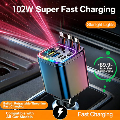 7-in-1 Retractable 102W Fast Car Charger with Star Projector Ambient Light