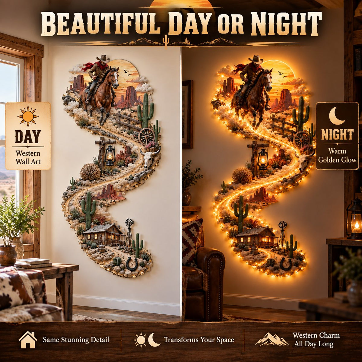 Western Cowboy wall decor shown during daytime and illuminated with warm golden LEDs at night