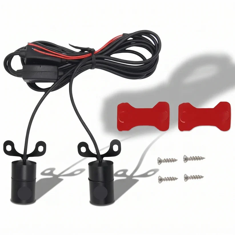 Pair of compact black LED wing projectors with wiring, controller, adhesive mounting pads and screws