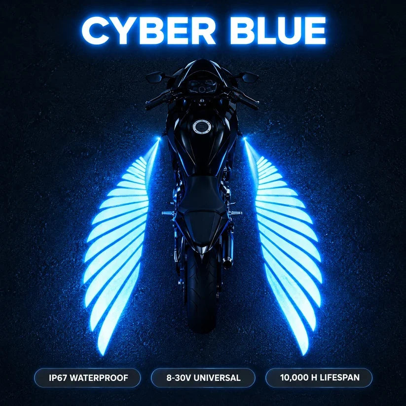 Cyber blue angel wing motorcycle projector lighting shown as a pair of vivid blue ground projections