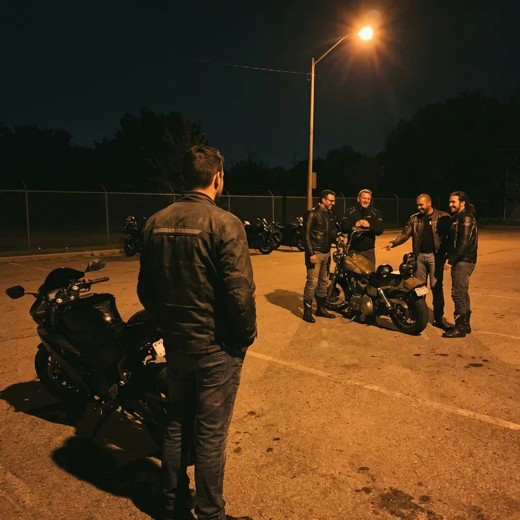 Motorcycle enthusiasts gathering beside their parked motorcycles in an evening parking area