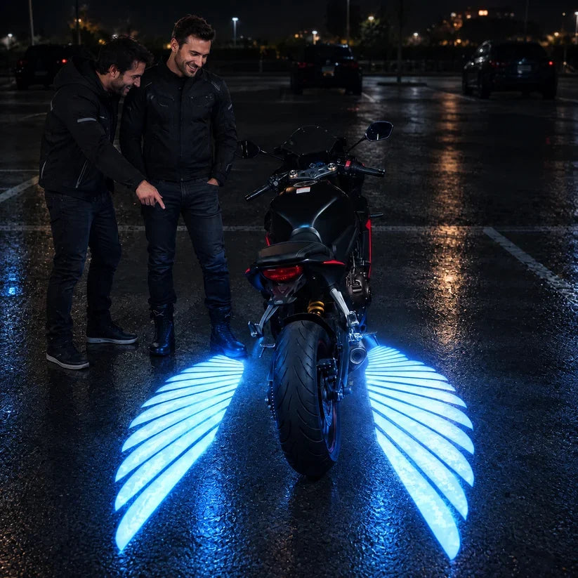Motorcycle with bright cyber blue angel wing LED projections illuminating the wet pavement at night