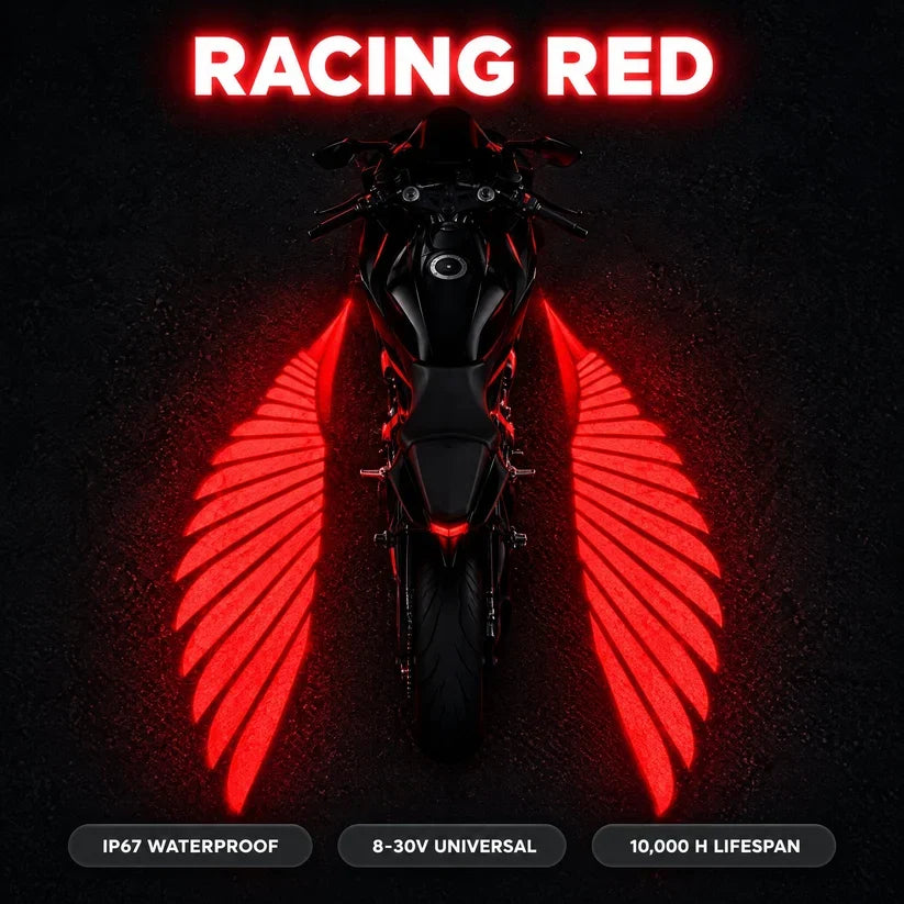 Racing red angel wing LED projector lights creating bright red wing patterns behind a black motorcycle