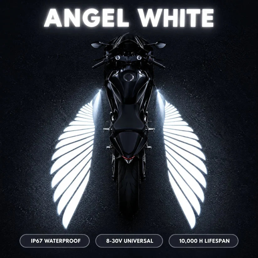 Angel white motorcycle wing projector lights displaying symmetrical white feather-shaped patterns on dark pavement
