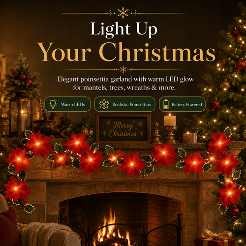 Lighted Christmas Poinsettia Garland with 10 or 20 Warm LEDs – Battery Powered Holiday Floral Decor