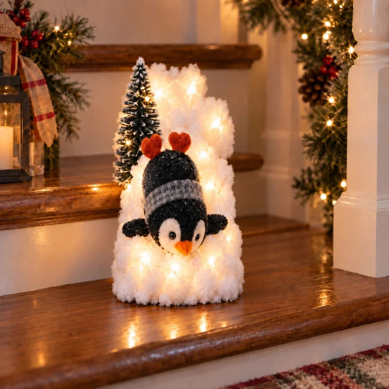 🐧 Lighted Penguin Christmas Stair Decor – 5-Piece Snowy Railing Display