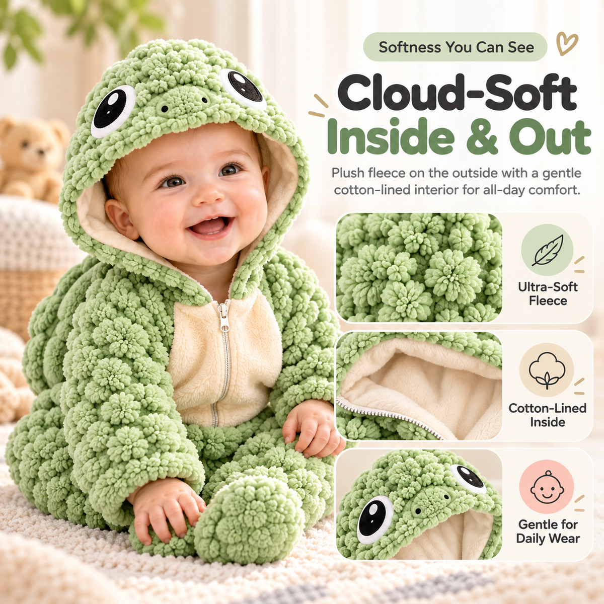 Close-up of plush fleece baby turtle romper with soft outer texture and cotton lined interior