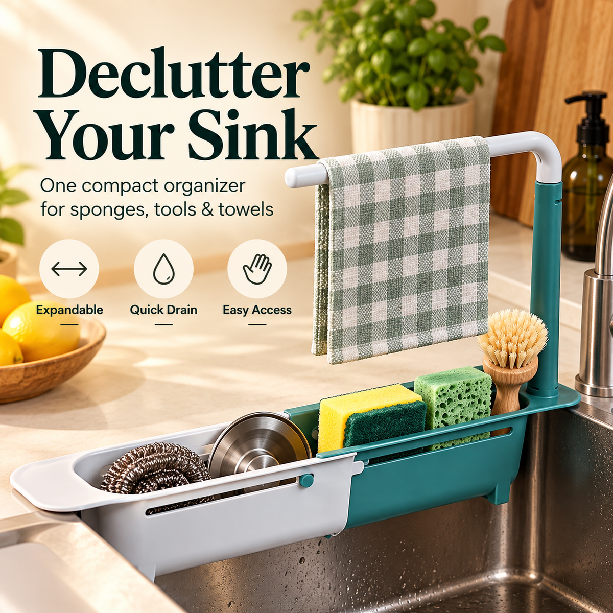 Expandable green and white over the sink organizer holding sponges scrubbers dish brush and dish towel