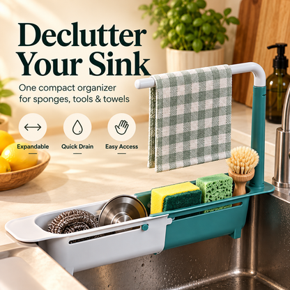 🧽✨ Expandable Over-the-Sink Organizer Rack 🫧🚰 | Adjustable Sponge Holder, Dish Brush Storage & Towel Bar 🧼🧺💚 | Space-Saving Kitchen Sink Caddy for a Cleaner, Clutter-Free Countertop 🏡🌿👌