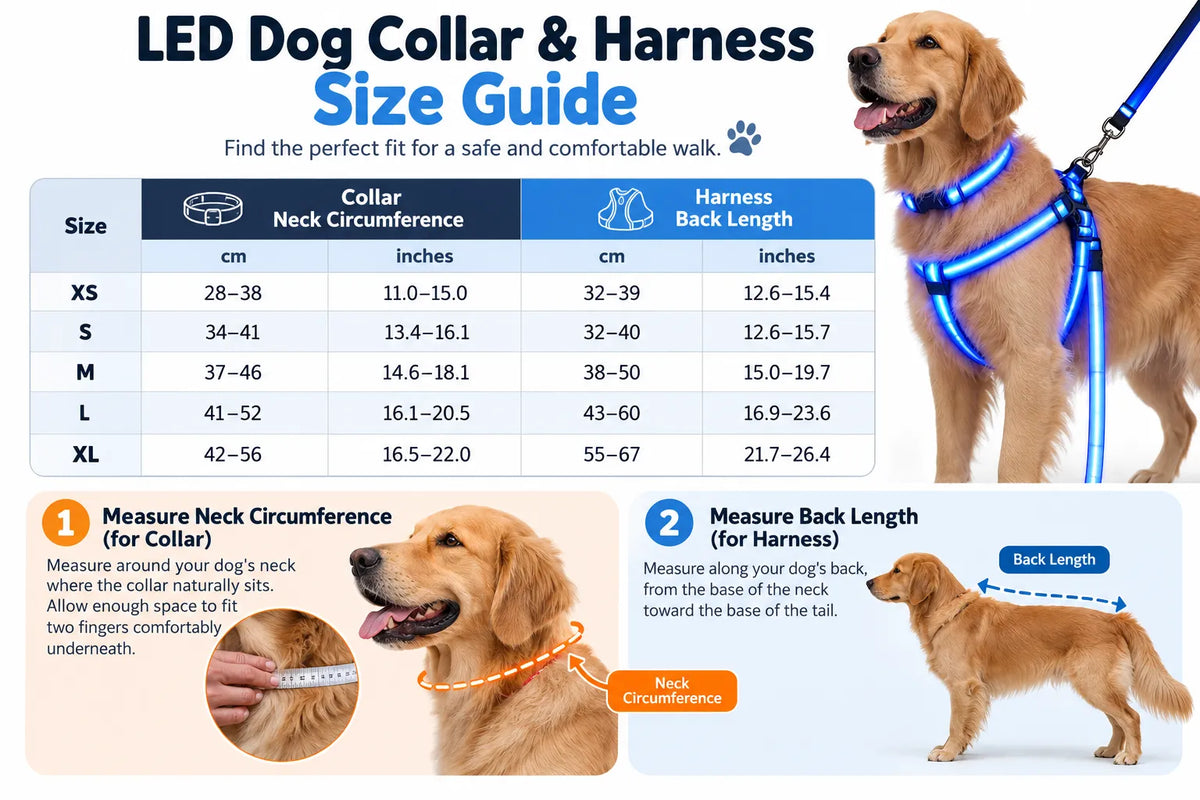 LED dog harness and collar size guide showing neck circumference, back length and measuring instructions