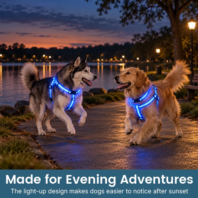 Two dogs wearing bright blue LED harnesses enjoying an evening walk beside a waterfront path