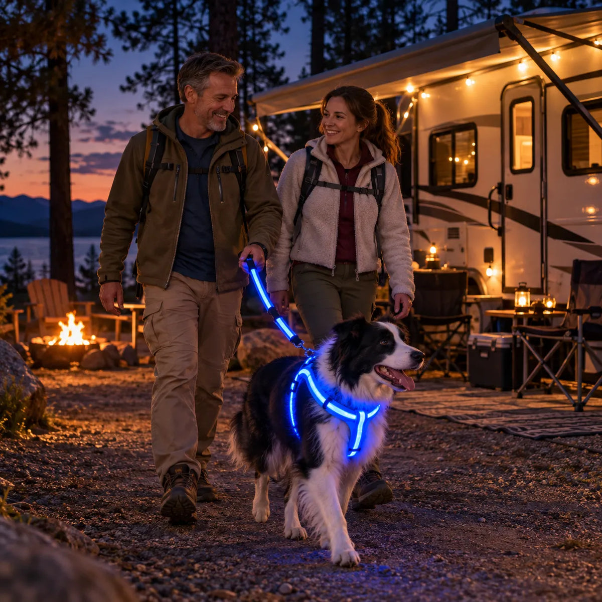 Couple walking their dog wearing a bright blue LED harness and leash at a scenic campsite after sunset