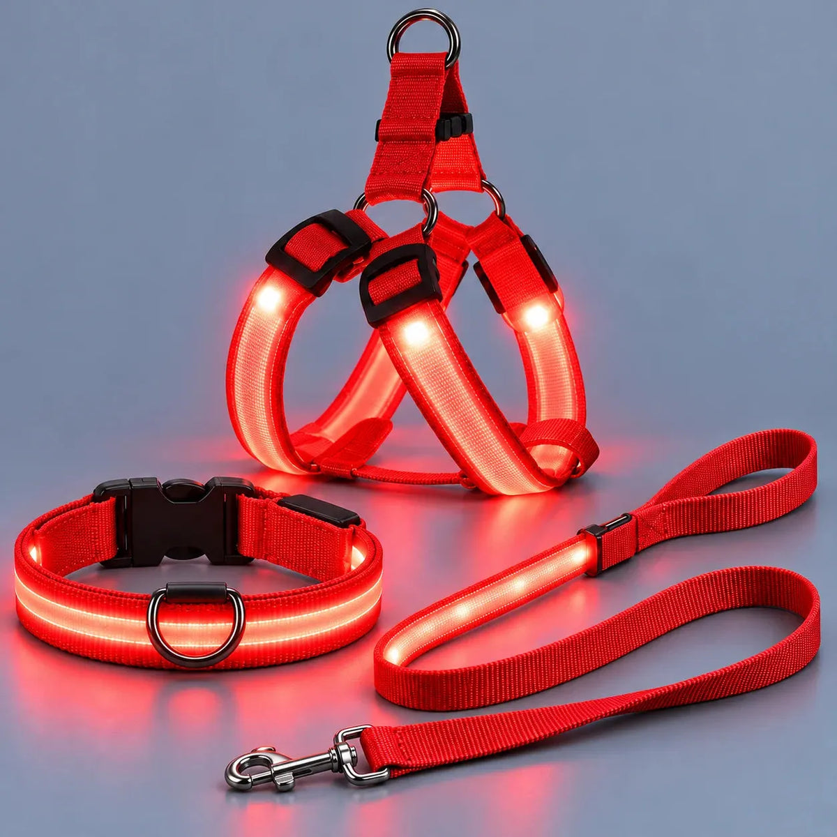 Red LED light-up dog harness, collar and leash set displayed together