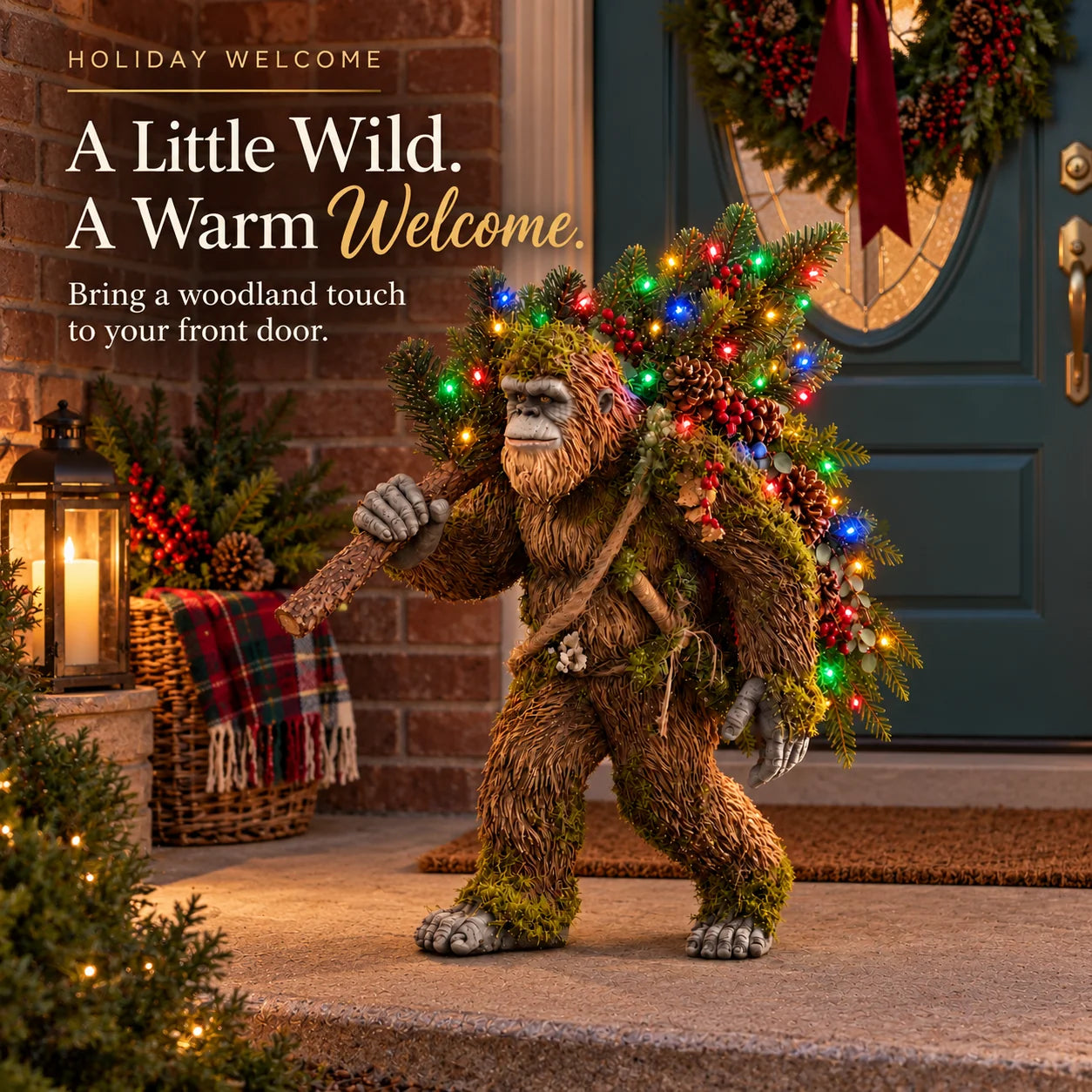 Colorfully illuminated woodland Sasquatch carrying a Christmas tree beside a dark green front door and brick entryway
