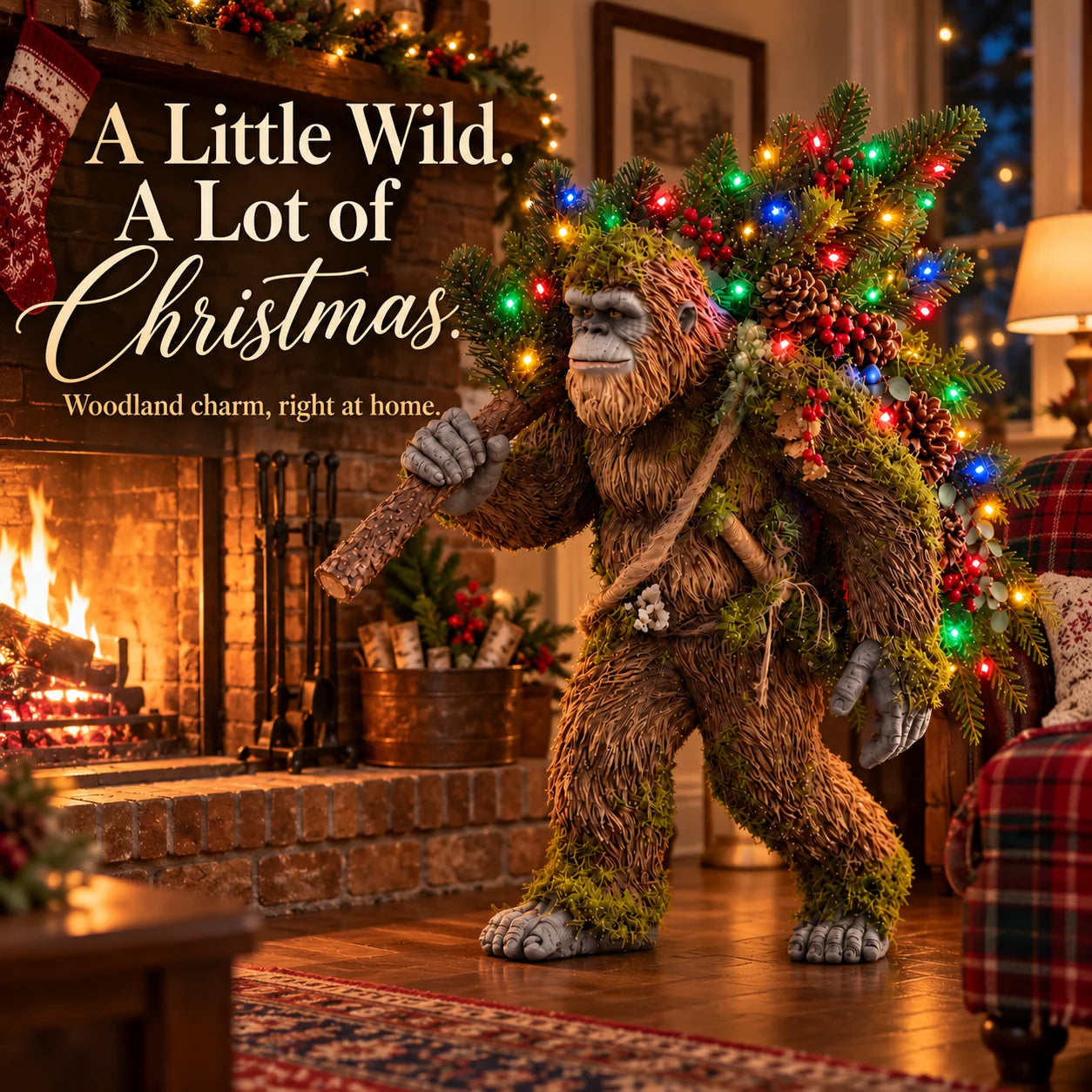 Woodland Sasquatch Christmas figure carrying a colorful illuminated evergreen tree beside a rustic brick fireplace