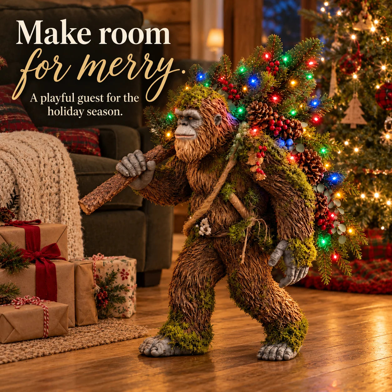 Woodland Sasquatch carrying a colorful lighted Christmas tree in a cozy festive living room
