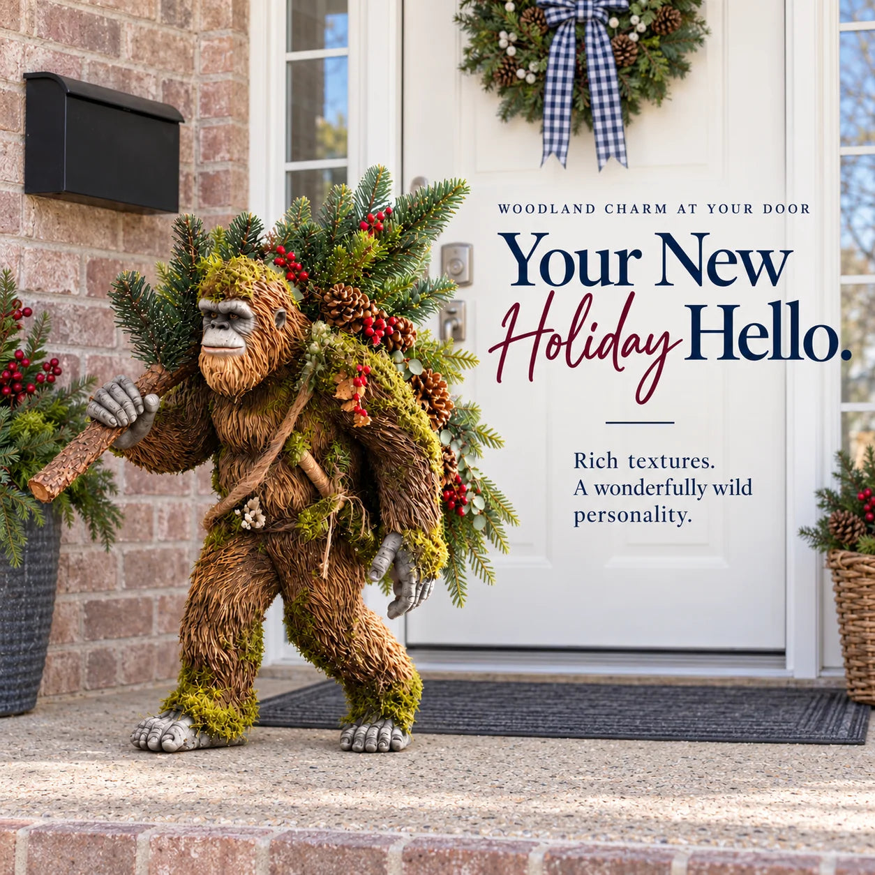 Woodland Sasquatch carrying a decorated Christmas tree in front of a bright white entry door with holiday greenery
