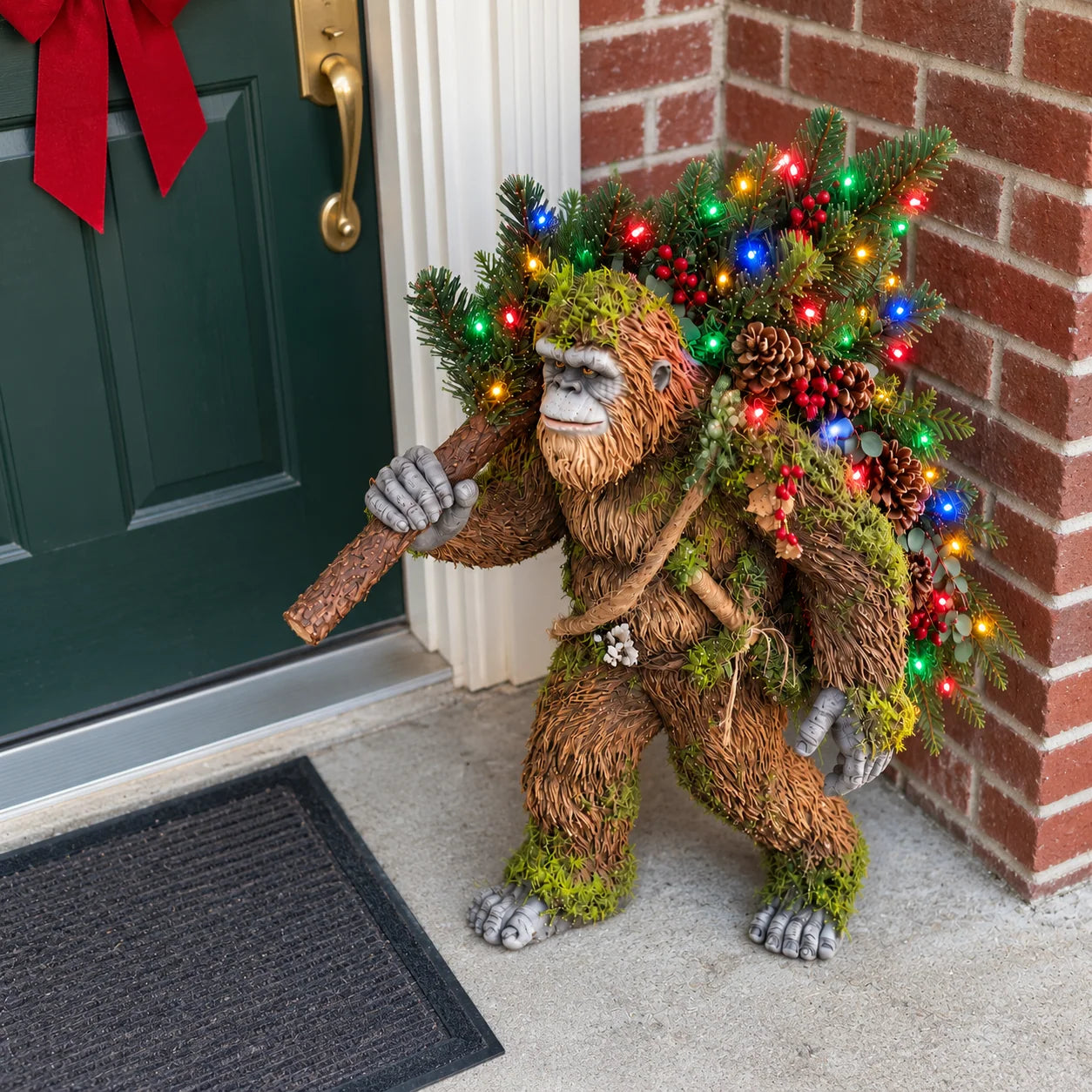 Woodland Sasquatch Christmas decoration presented as a festive gift in a cozy living room