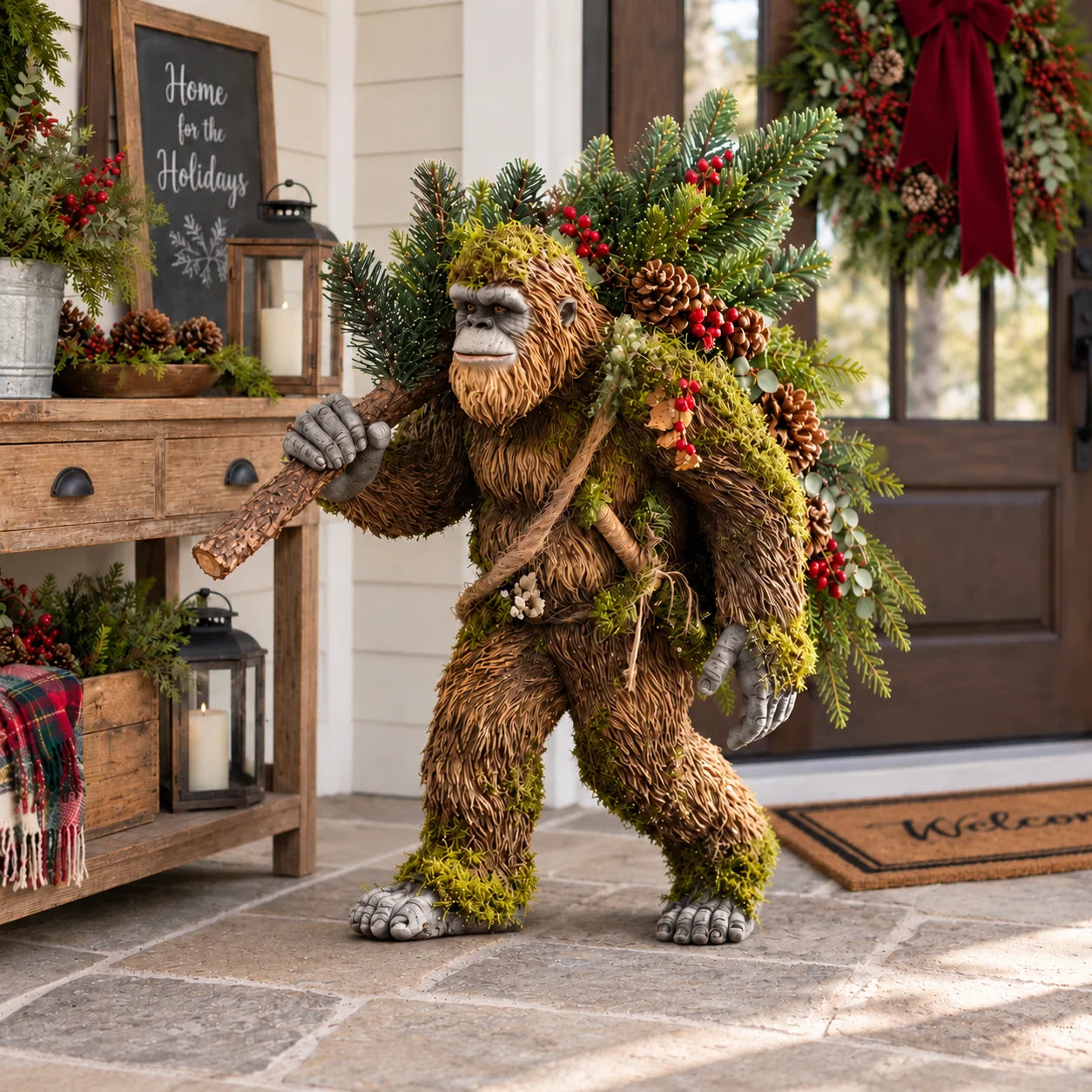 Woodland Sasquatch Christmas decoration displayed near a front door with festive greenery and natural stone paving