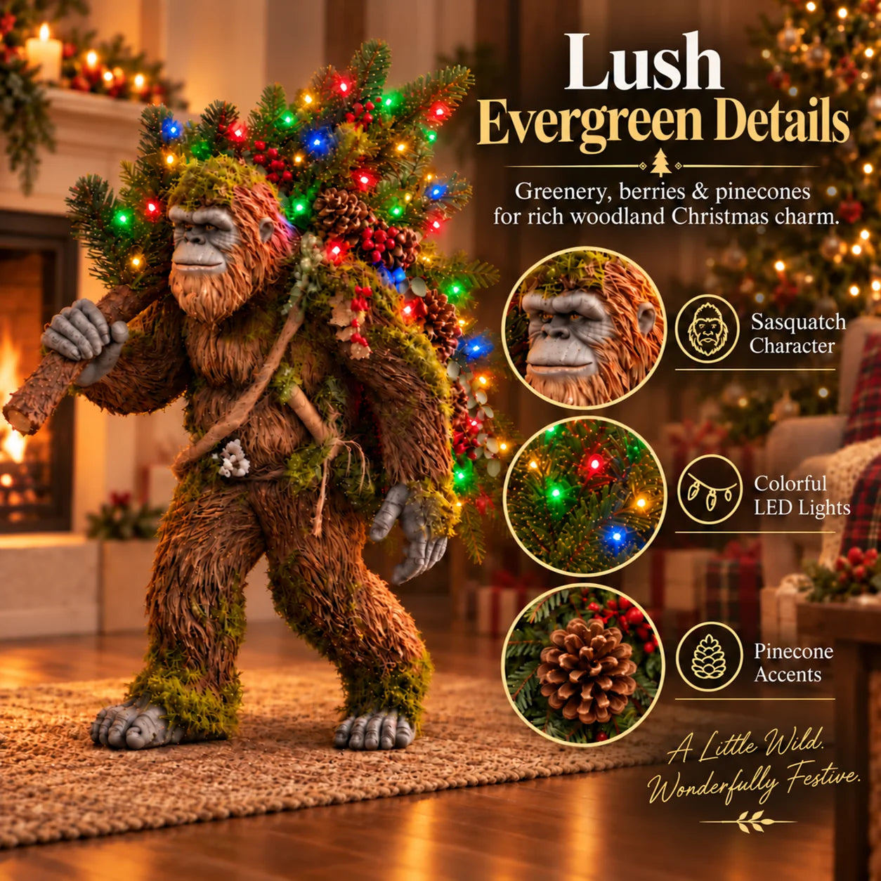 Detailed woodland Sasquatch Christmas figure with evergreen branches, red berries, pinecones and multicolor LED lights